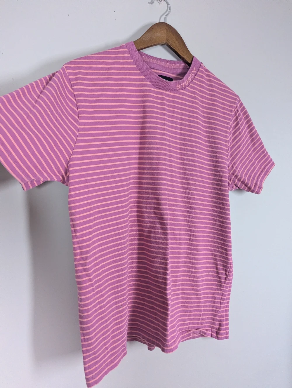 Stüssy Jack striped t-shirt pink white small streetwear tee unisex - Picture 6 of 8